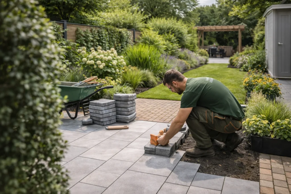 Hovenier werkt aan tuinbestrating en afwerking in verzorgde tuin in Hoofddorp
