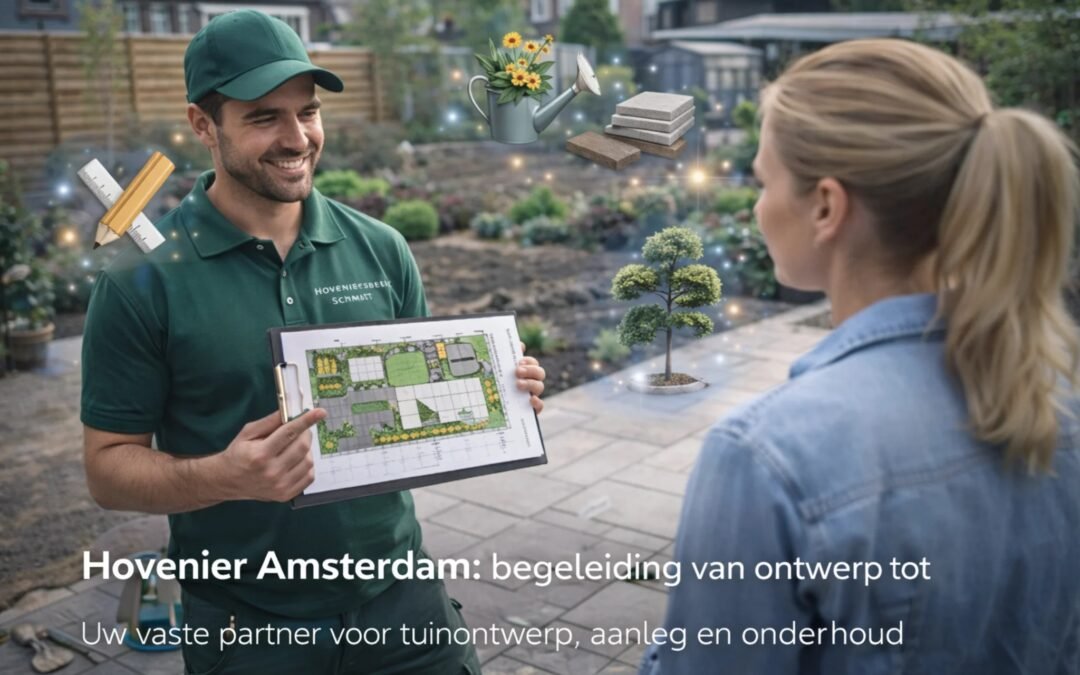 Hovenier Amsterdam presenting a garden design plan to a homeowner in a landscaped backyard setting