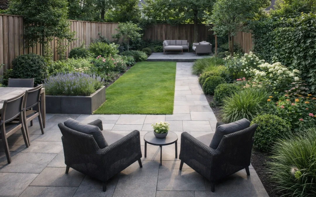 Moderne tuin in Amstelveen met balans tussen bestrating, gazon en vaste beplanting