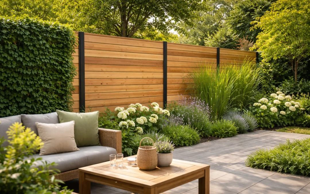 Duurzame houten tuinafscheiding met groene beplanting en moderne terrasopstelling in een rustige tuin in Amstelveen.