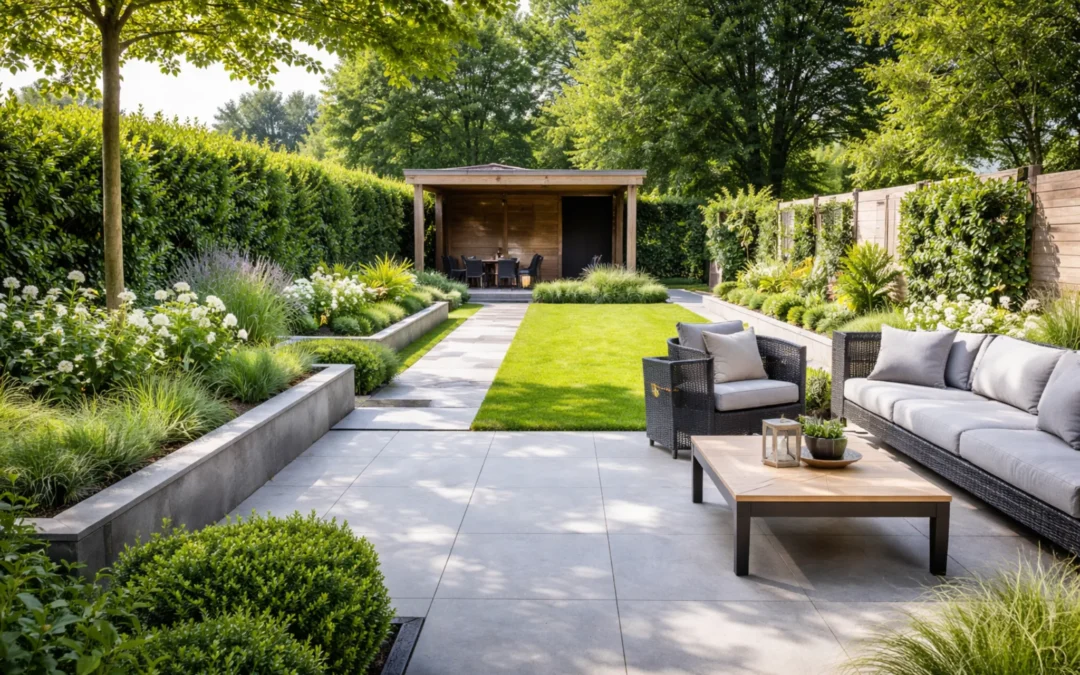 Strak aangelegde moderne tuin in Amstelveen met symmetrische indeling, grijze tegels, groen gazon en houten overkapping.