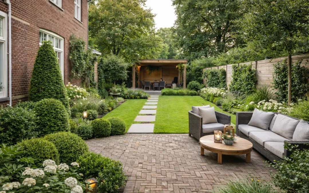Tijdloos aangelegde stadstuin in Haarlem met strak gazon, symmetrische beplanting, bakstenen terras en houten overkapping.