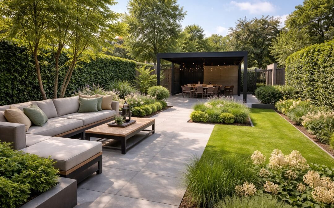 Strak aangelegde tuin in Hoofddorp met duidelijke indeling, terras, pergola, gazon en verzorgde beplanting.