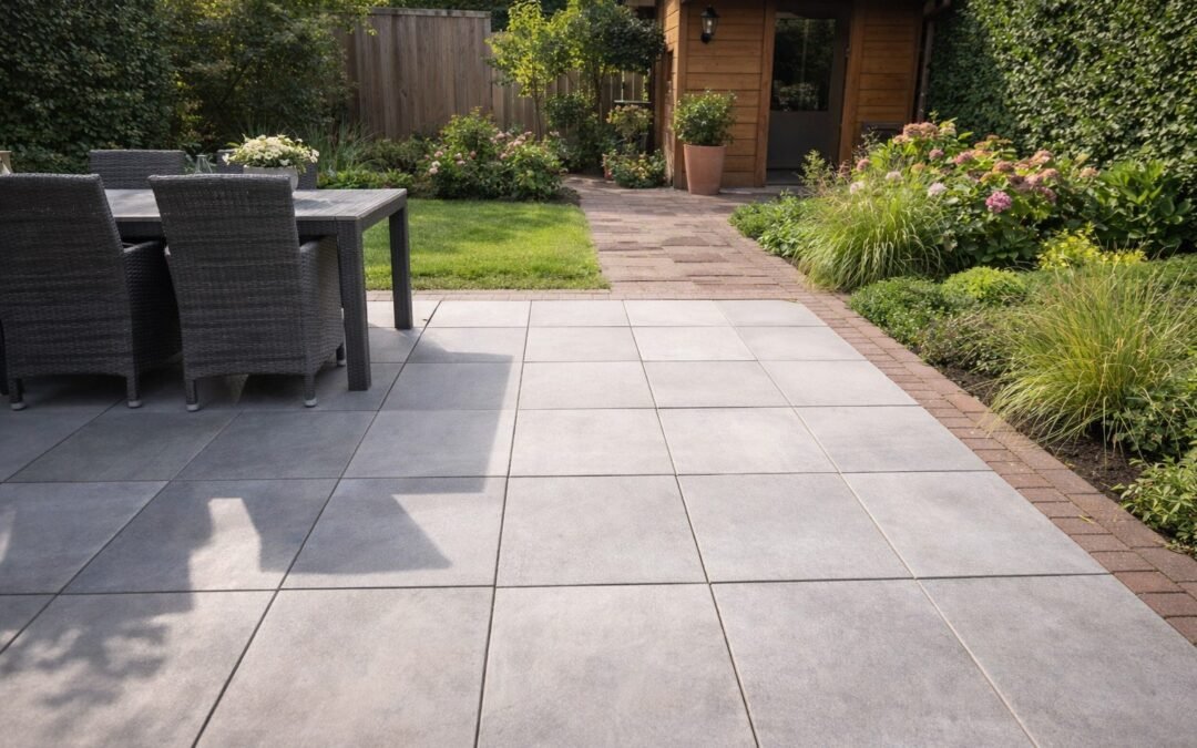 Modern backyard with large terrace tiles and garden path showing professional garden paving in Amstelveen